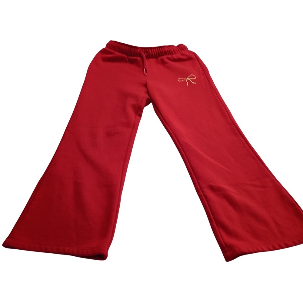 Cat & Jack Girls Red Fleece Sweatpants Gold Bow Joggers Straight Leg Size M NWOT